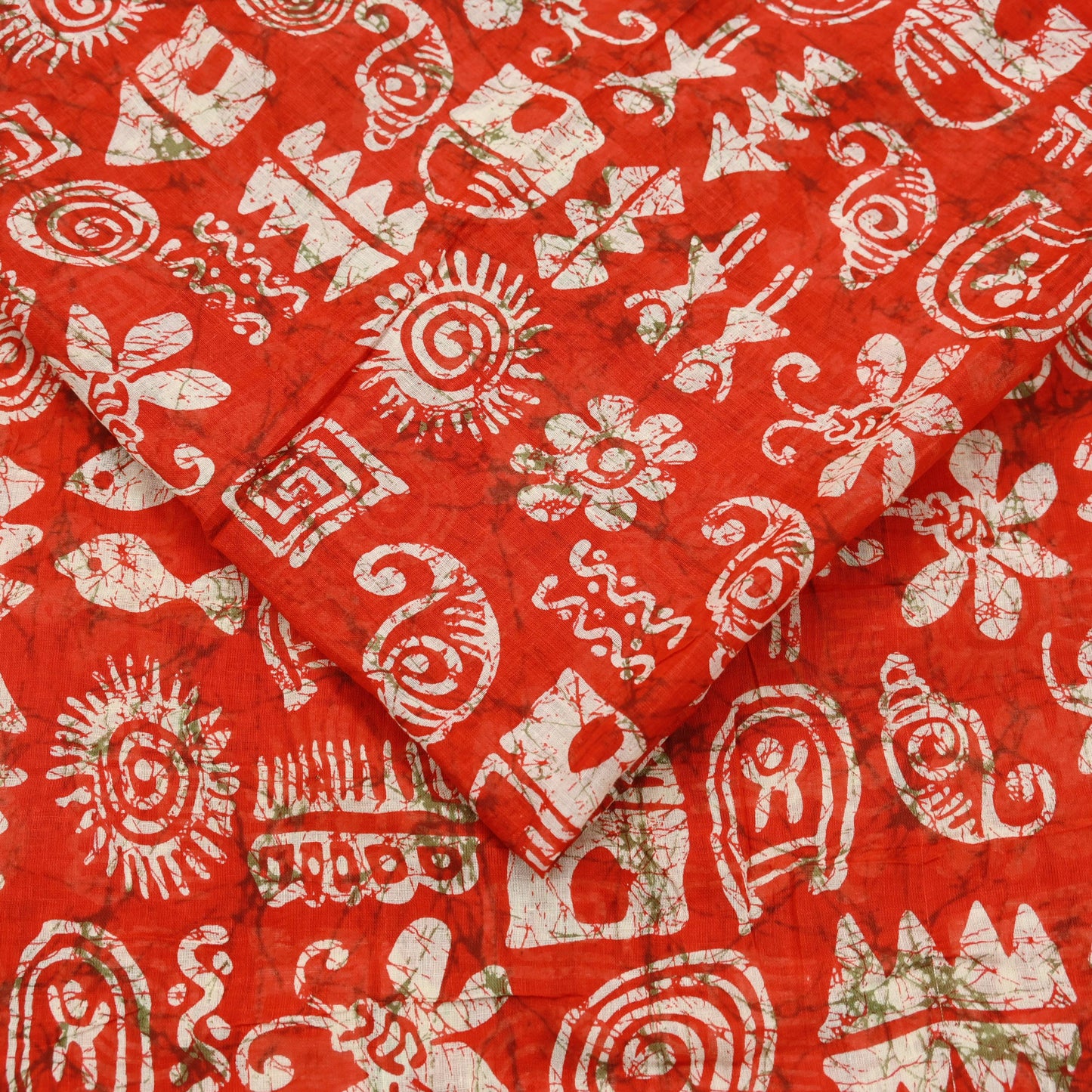 Indian Vintage Sari Red & Beige Batik Warli Printed Saree 100% Pure Cotton 5Yd Craft Fabric Soft Sewing Sarong Wrap Quilting Dress Making