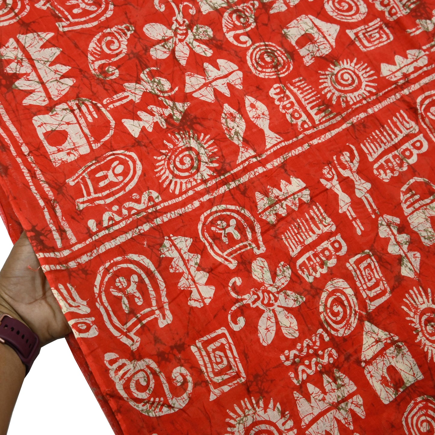 Indian Vintage Sari Red & Beige Batik Warli Printed Saree 100% Pure Cotton 5Yd Craft Fabric Soft Sewing Sarong Wrap Quilting Dress Making
