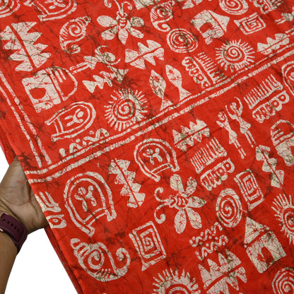 Indian Vintage Sari Red & Beige Batik Warli Printed Saree 100% Pure Cotton 5Yd Craft Fabric Soft Sewing Sarong Wrap Quilting Dress Making