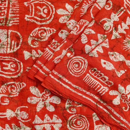 Indian Vintage Sari Red & Beige Batik Warli Printed Saree 100% Pure Cotton 5Yd Craft Fabric Soft Sewing Sarong Wrap Quilting Dress Making