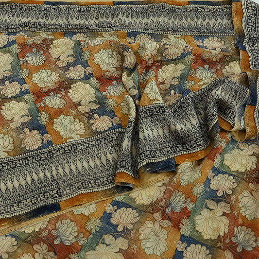 Indian Vintage Sari Multi Pure Crepe Silk Block Printed Saree 5yd Sewing Floral Soft Craft Fabric Wrap Dress making Crafting Quilting