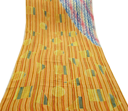 Indian Vintage Sari Yellow Pure Crepe Silk Block Printed Saree 5yard Sewing Floral Craft Fabric Wrap Dress Making Crafting Quilting Used