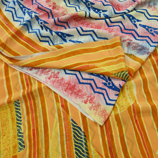 Indian Vintage Sari Yellow Pure Crepe Silk Block Printed Saree 5yard Sewing Floral Craft Fabric Wrap Dress Making Crafting Quilting Used