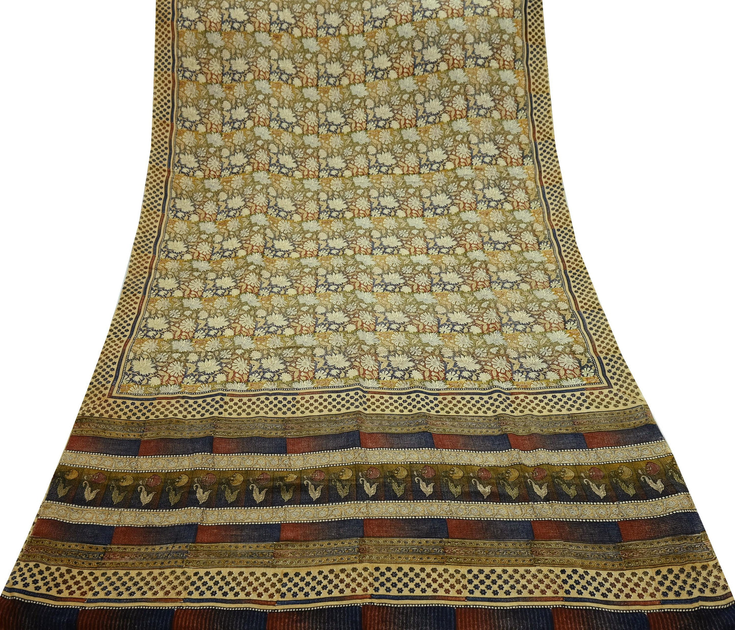 Indian Vintage Sari Beige Pure Crepe Silk Block Printed Sarees 5yd Sewing Floral Soft Craft Fabric Wrap Dress making Crafting Quilting Used
