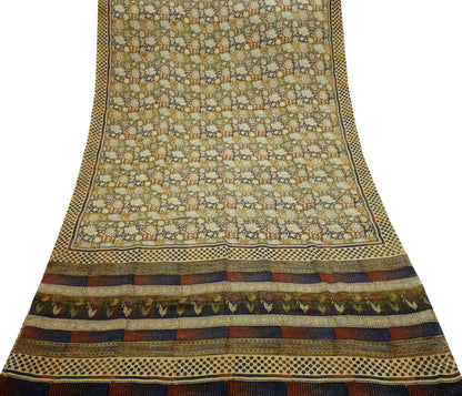Indian Vintage Sari Beige Pure Crepe Silk Block Printed Sarees 5yd Sewing Floral Soft Craft Fabric Wrap Dress making Crafting Quilting Used