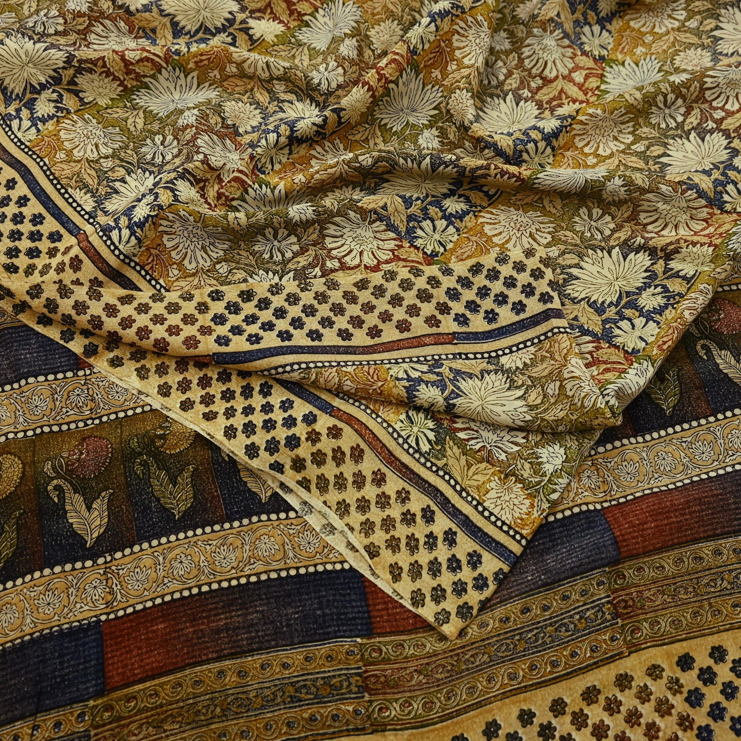 Indian Vintage Sari Beige Pure Crepe Silk Block Printed Sarees 5yd Sewing Floral Soft Craft Fabric Wrap Dress making Crafting Quilting Used