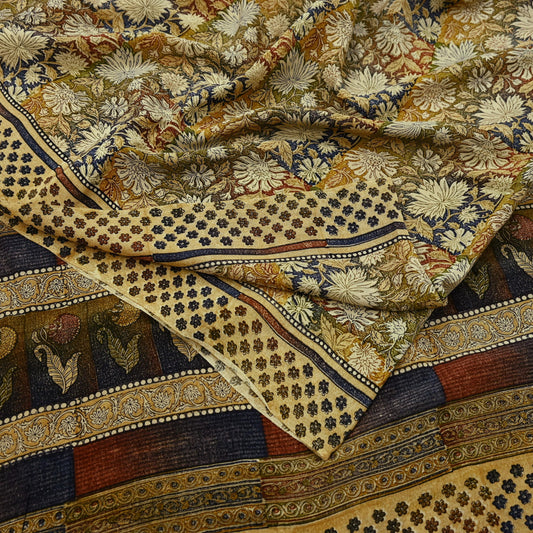 Indian Vintage Sari Beige Pure Crepe Silk Block Printed Sarees 5yd Sewing Floral Soft Craft Fabric Wrap Dress making Crafting Quilting Used