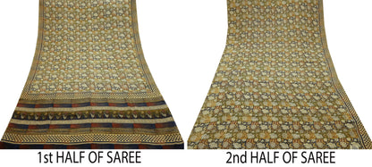 Indian Vintage Sari Beige Pure Crepe Silk Block Printed Sarees 5yd Sewing Floral Soft Craft Fabric Wrap Dress making Crafting Quilting Used