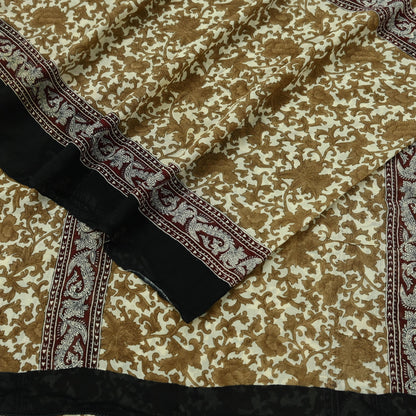 Women Vintage Sari Ivory 100% Pure Georgette Silk Printed Saree Craft Fabric Sewing 5Yd Soft Sari Dress Making Crafting Quilting