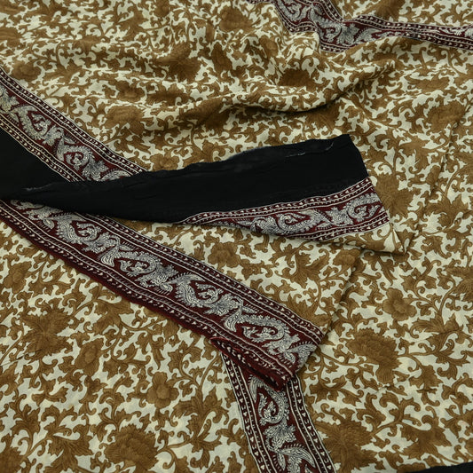 Women Vintage Sari Ivory 100% Pure Georgette Silk Printed Saree Craft Fabric Sewing 5Yd Soft Sari Dress Making Crafting Quilting