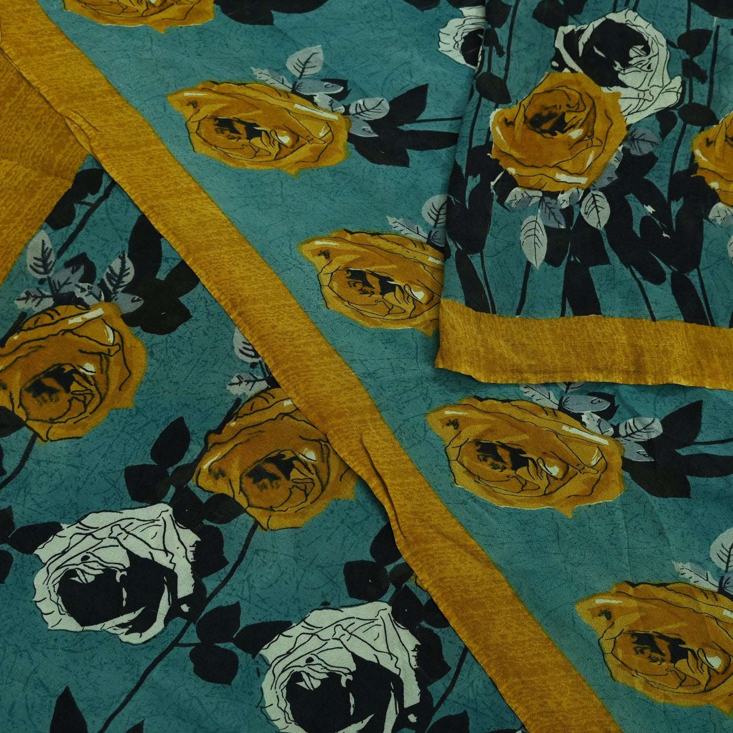 Indian Vintage Sari Green 100% Pure Georgette Silk Hand Printed Sarees Sewing 5yd Craft Fabric Soft Dress Designing for Crafting