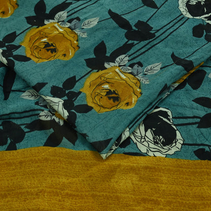 Indian Vintage Sari Green 100% Pure Georgette Silk Hand Printed Sarees Sewing 5yd Craft Fabric Soft Dress Designing for Crafting