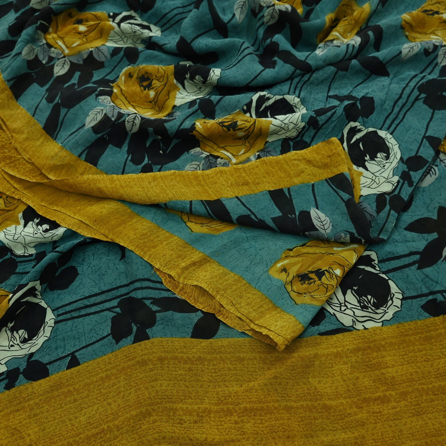 Indian Vintage Sari Green 100% Pure Georgette Silk Hand Printed Sarees Sewing 5yd Craft Fabric Soft Dress Designing for Crafting