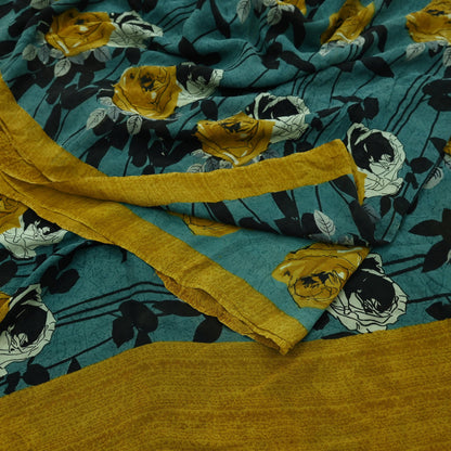 Indian Vintage Sari Green 100% Pure Georgette Silk Hand Printed Sarees Sewing 5yd Craft Fabric Soft Dress Designing for Crafting