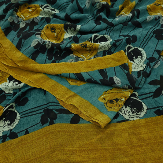 Indian Vintage Sari Green 100% Pure Georgette Silk Hand Printed Sarees Sewing 5yd Craft Fabric Soft Dress Designing for Crafting