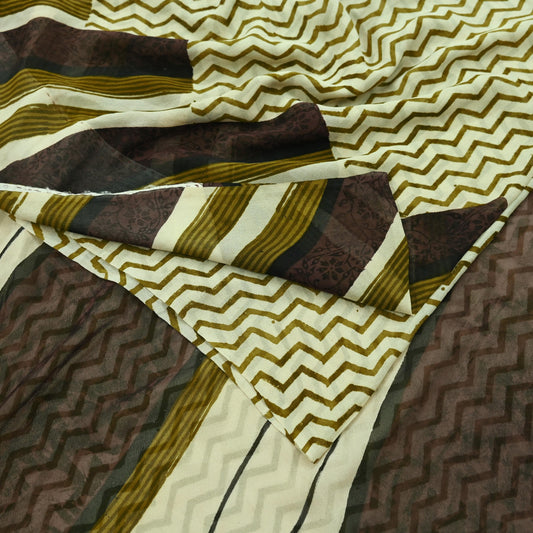 Women Vintage Sari Ivory & Brown Pure Georgette Silk Printed Saree Craft Fabric Sewing 5Yard Soft Light Dress Making Floral