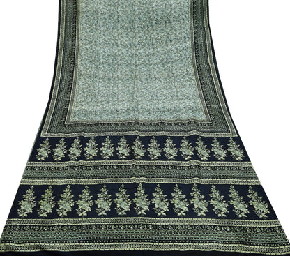 Indian Vintage Sari Black & Gray 100% Pure Silk Printed Saree 5yd Sewing Craft Fabric Dress Making Soft Crafting Quilting Upcycle Used