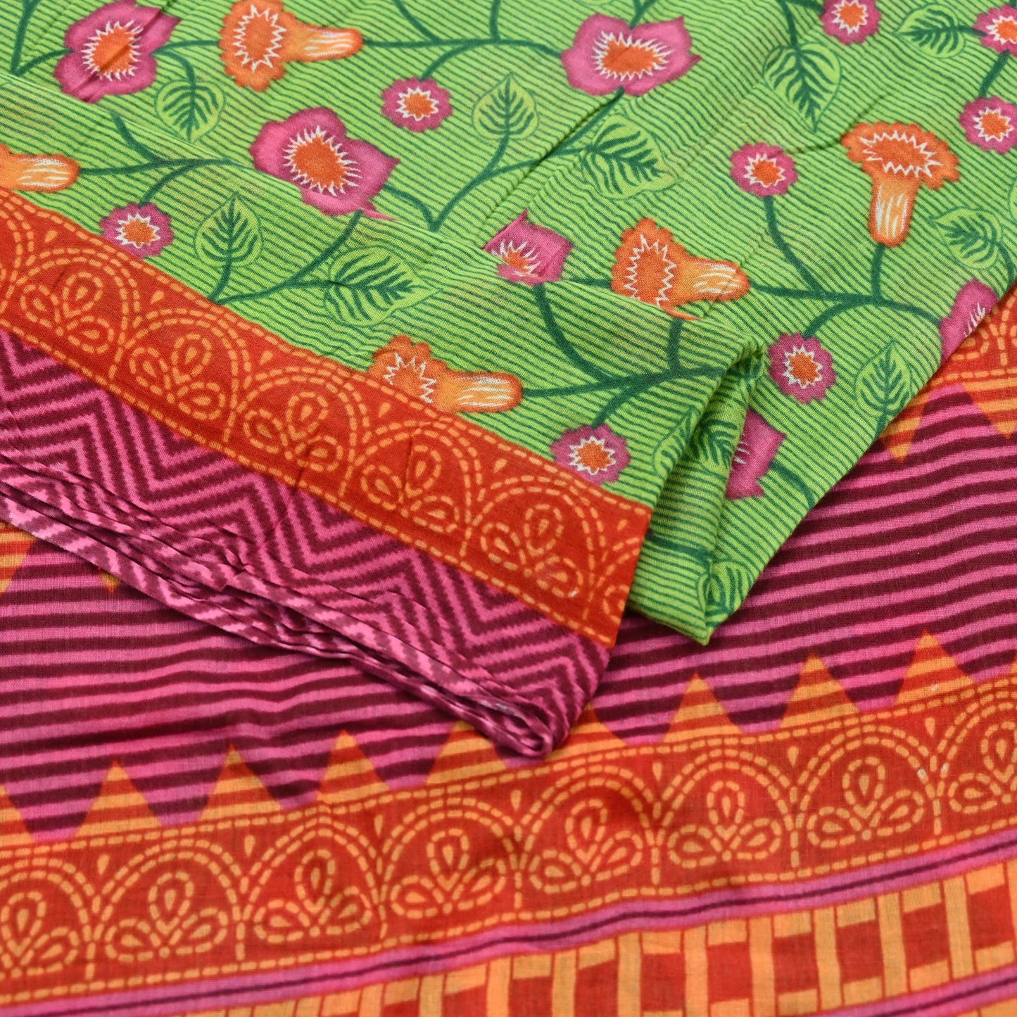 Indian Vintage Sari Green Printed Pure Cotton Sarees 5Yd Craft Fabric Soft Sewing Sarong Wrap Boho Upcycle quilting Dress making