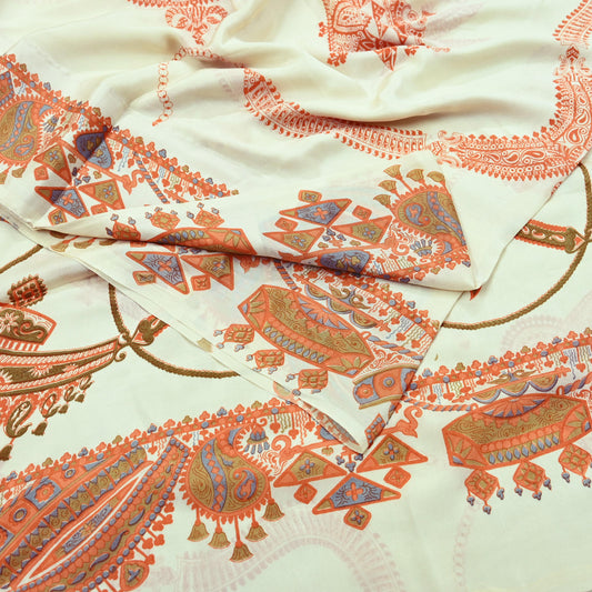 Indian Vintage Sari Ivory Pure Crepe Silk Printed Saree 5yd Sewing Floral Soft Craft Fabric Wrap Dress Making Crafting Quilting Upcycle