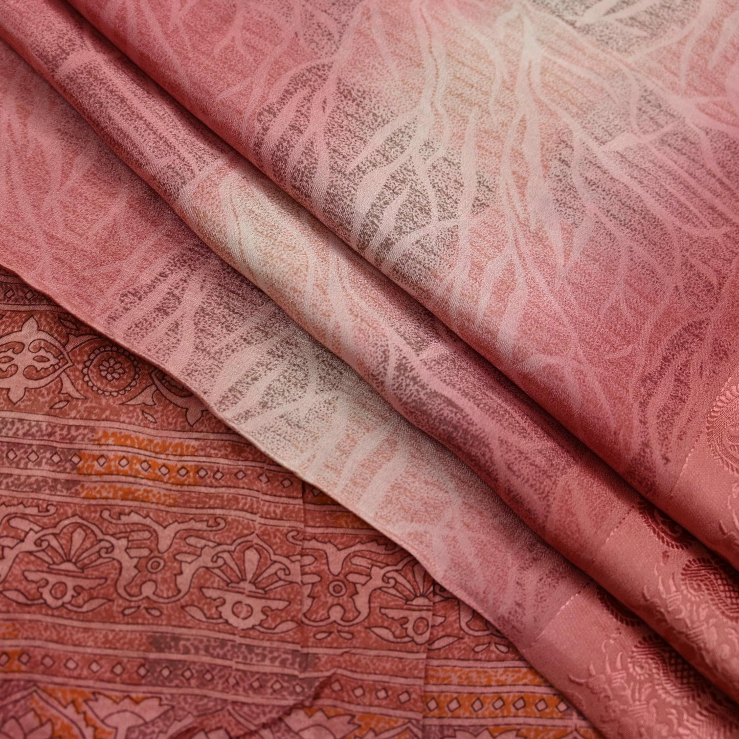 Indian Vintage Sari Peach Pure Crepe Silk Printed Sarees 6yd Craft Fabric Sewing Soft Wrap Peacock Upcycle Quilting Dress Making Crafting