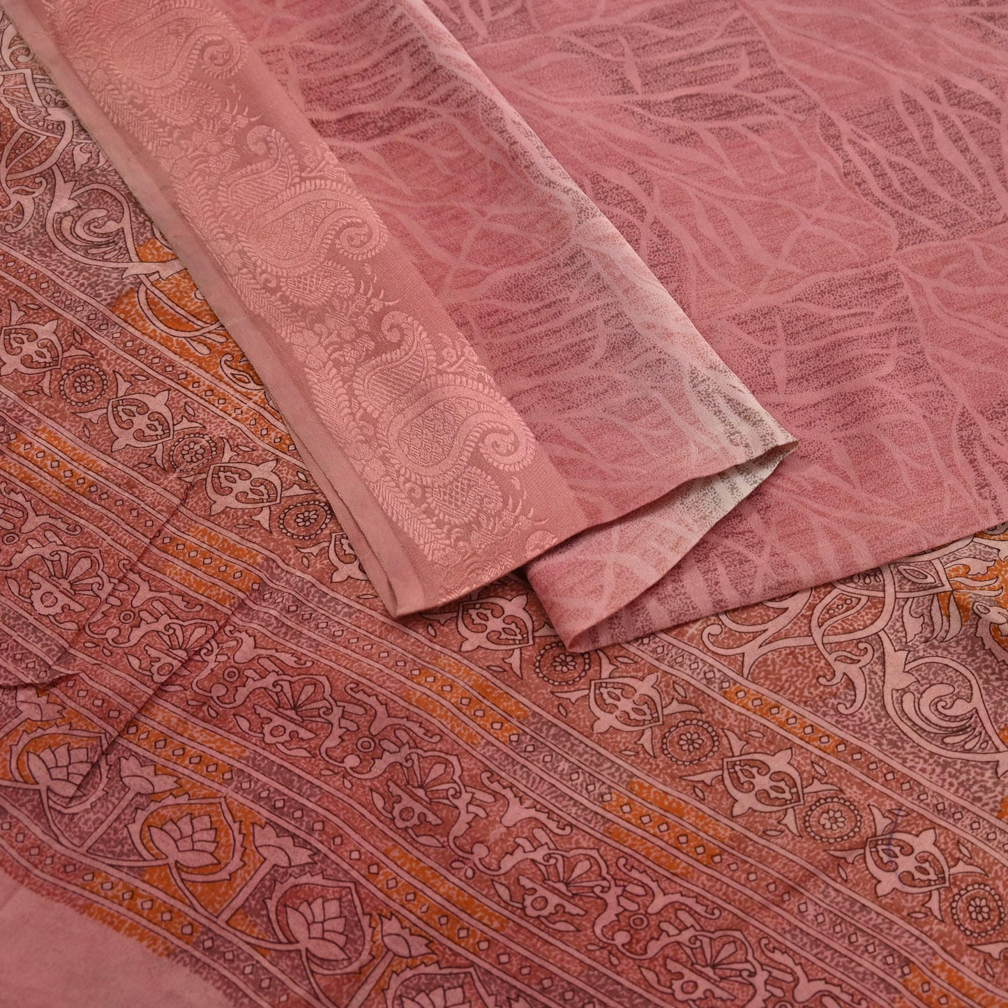 Indian Vintage Sari Peach Pure Crepe Silk Printed Sarees 6yd Craft Fabric Sewing Soft Wrap Peacock Upcycle Quilting Dress Making Crafting