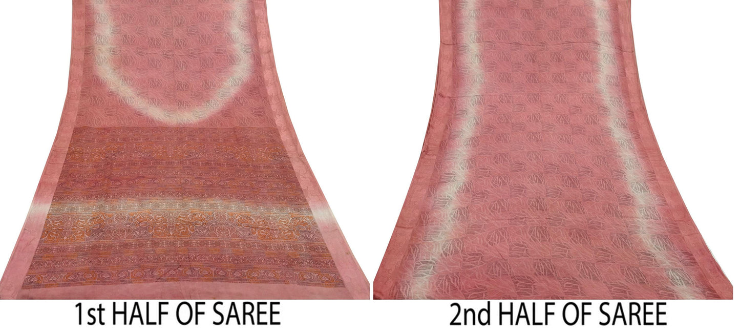 Indian Vintage Sari Peach Pure Crepe Silk Printed Sarees 6yd Craft Fabric Sewing Soft Wrap Peacock Upcycle Quilting Dress Making Crafting