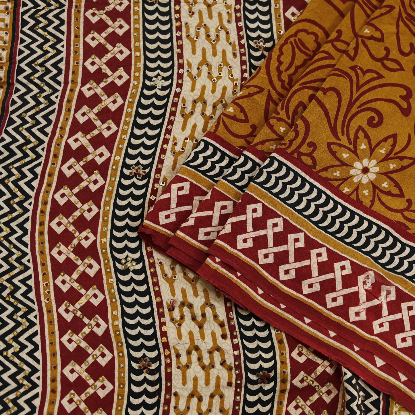 Indian Vintage Sari Mustard Pure Crepe Silk Hand Embroidered Saree 5yd Sewing Floral Craft Sequins Dress making Crafting Quilting