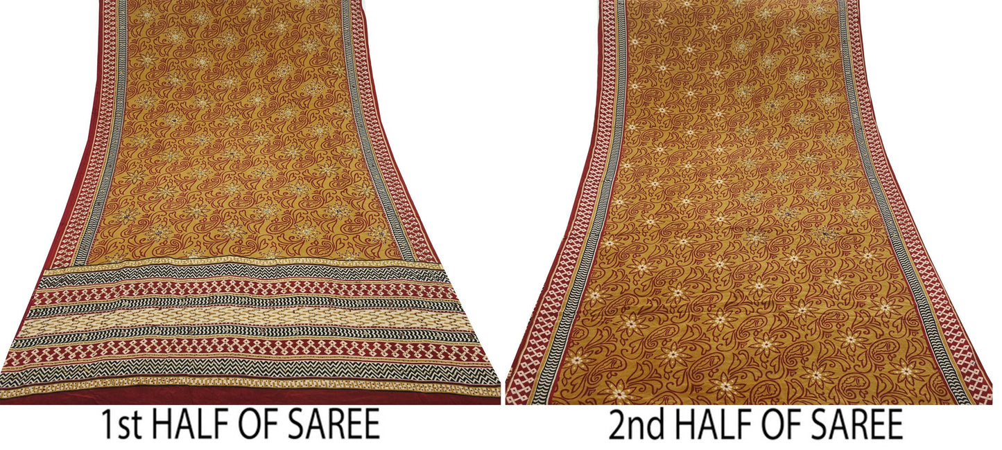 Indian Vintage Sari Mustard Pure Crepe Silk Hand Embroidered Saree 5yd Sewing Floral Craft Sequins Dress making Crafting Quilting
