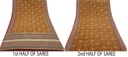 Indian Vintage Sari Mustard Pure Crepe Silk Hand Embroidered Saree 5yd Sewing Floral Craft Sequins Dress making Crafting Quilting