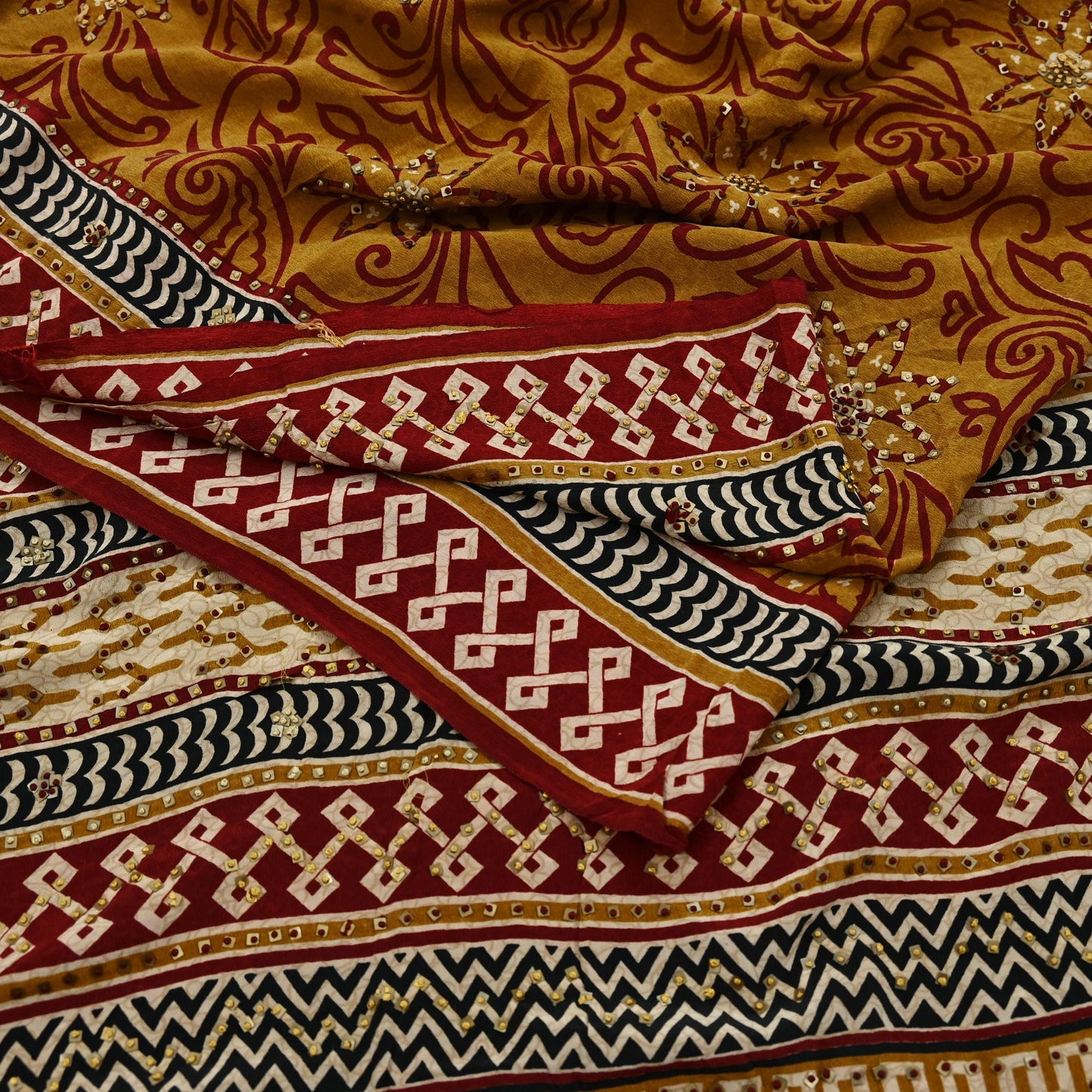 Indian Vintage Sari Mustard Pure Crepe Silk Hand Embroidered Saree 5yd Sewing Floral Craft Sequins Dress making Crafting Quilting