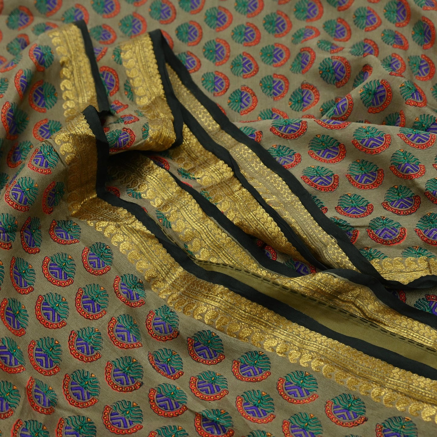 Indian Vintage Sari Brown 100% Pure Silk Printed Saree 5yd Sewing Craft Fabric Dress Making Wrap Floral Zari Crafting Quilting Upcycle
