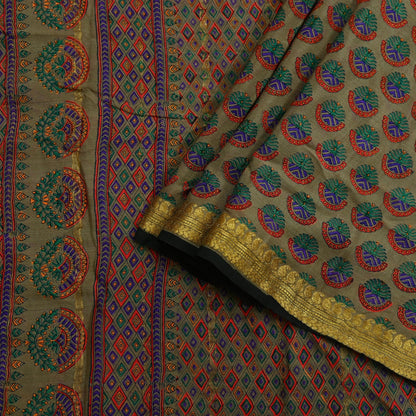 Indian Vintage Sari Brown 100% Pure Silk Printed Saree 5yd Sewing Craft Fabric Dress Making Wrap Floral Zari Crafting Quilting Upcycle