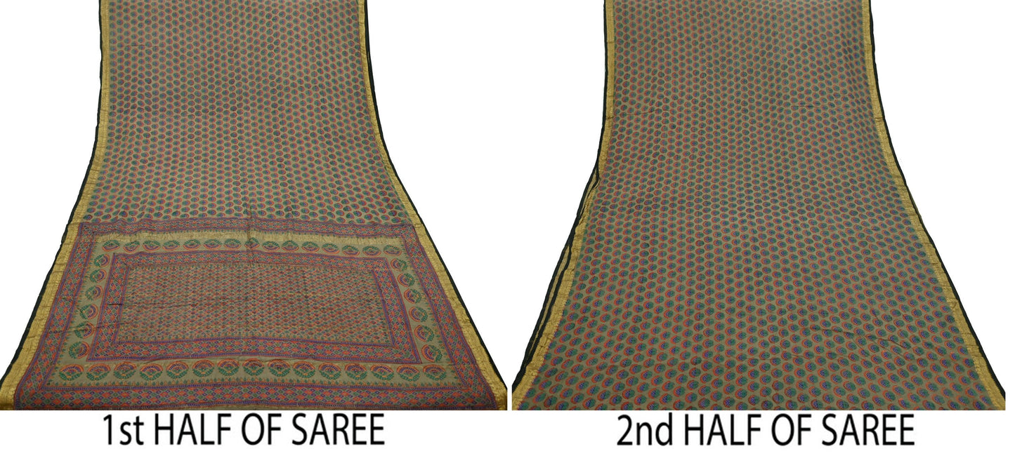 Indian Vintage Sari Brown 100% Pure Silk Printed Saree 5yd Sewing Craft Fabric Dress Making Wrap Floral Zari Crafting Quilting Upcycle