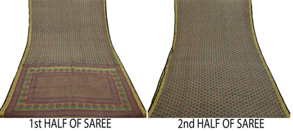 Indian Vintage Sari Brown 100% Pure Silk Printed Saree 5yd Sewing Craft Fabric Dress Making Wrap Floral Zari Crafting Quilting Upcycle