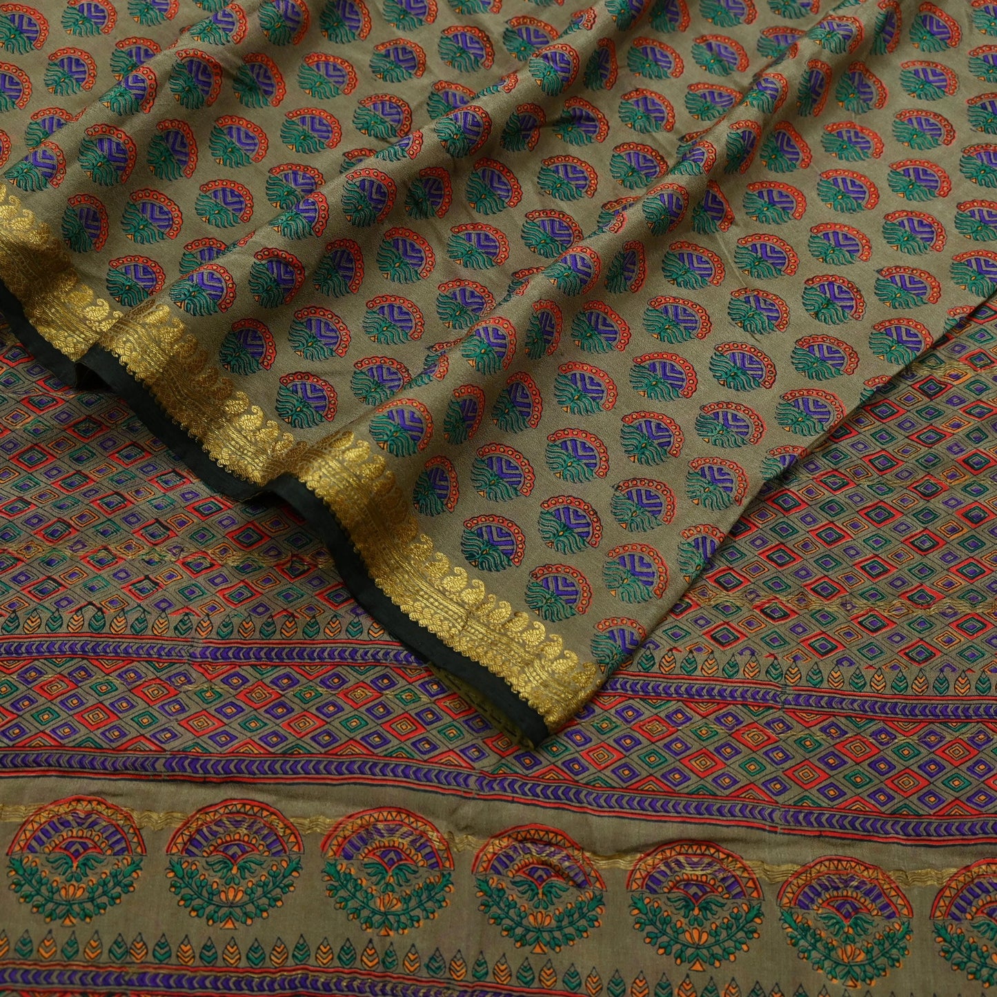 Indian Vintage Sari Brown 100% Pure Silk Printed Saree 5yd Sewing Craft Fabric Dress Making Wrap Floral Zari Crafting Quilting Upcycle