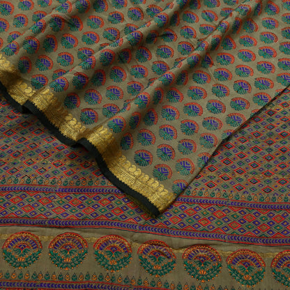 Indian Vintage Sari Brown 100% Pure Silk Printed Saree 5yd Sewing Craft Fabric Dress Making Wrap Floral Zari Crafting Quilting Upcycle
