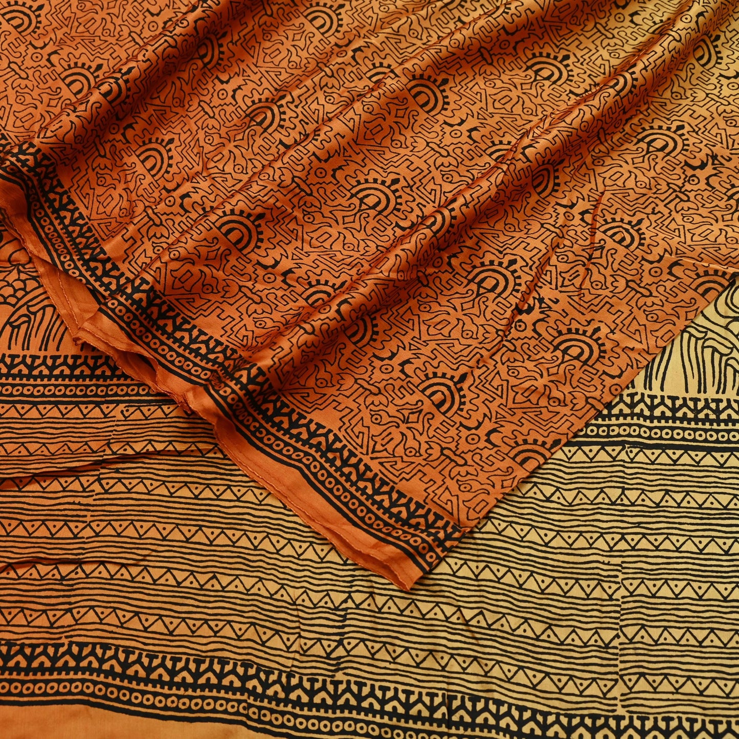 Indian Vintage Sari Orange & Beige Pure Satin Silk Printed Sarees 5yd Sewing Craft Fabric Dress Making Soft Upcycle Quilting Crafting