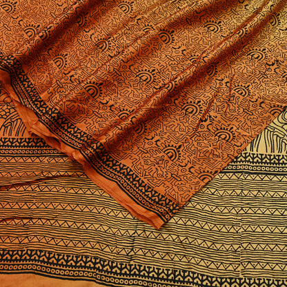Indian Vintage Sari Orange & Beige Pure Satin Silk Printed Sarees 5yd Sewing Craft Fabric Dress Making Soft Upcycle Quilting Crafting