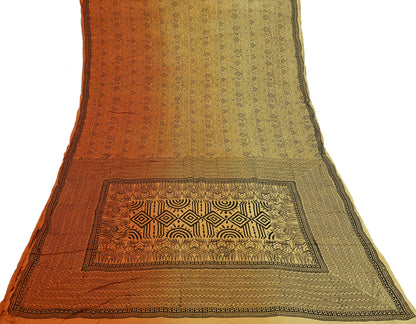 Indian Vintage Sari Orange & Beige Pure Satin Silk Printed Sarees 5yd Sewing Craft Fabric Dress Making Soft Upcycle Quilting Crafting