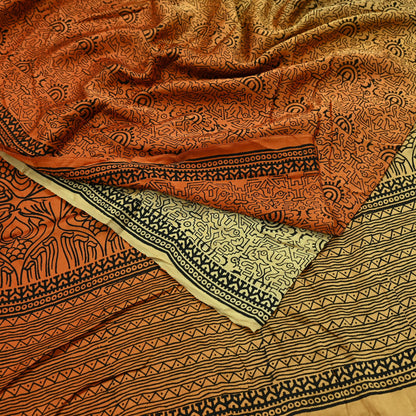 Indian Vintage Sari Orange & Beige Pure Satin Silk Printed Sarees 5yd Sewing Craft Fabric Dress Making Soft Upcycle Quilting Crafting