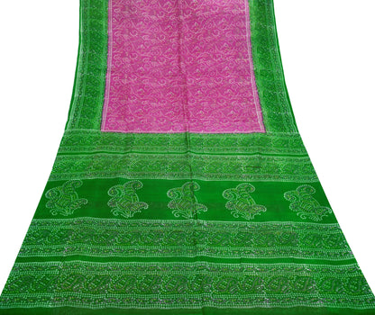Indian Vintage Sari Pink & Green Pure Silk Bandhani Printed Sarees Fabric 6yd Floral Sewing Traditional Culture Sari Ethnic Fabric