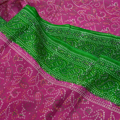 Indian Vintage Sari Pink & Green Pure Silk Bandhani Printed Sarees Fabric 6yd Floral Sewing Traditional Culture Sari Ethnic Fabric