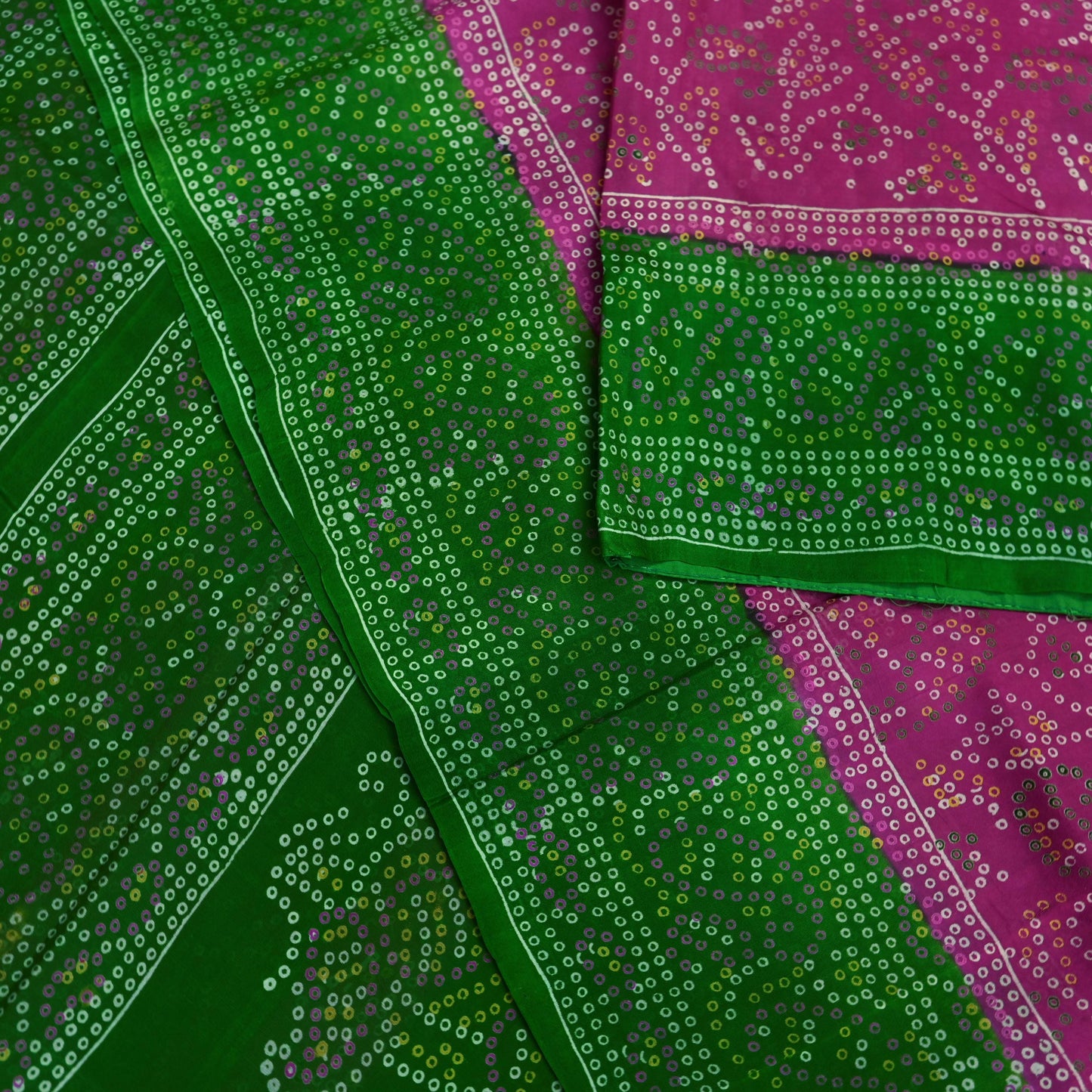 Indian Vintage Sari Pink & Green Pure Silk Bandhani Printed Sarees Fabric 6yd Floral Sewing Traditional Culture Sari Ethnic Fabric