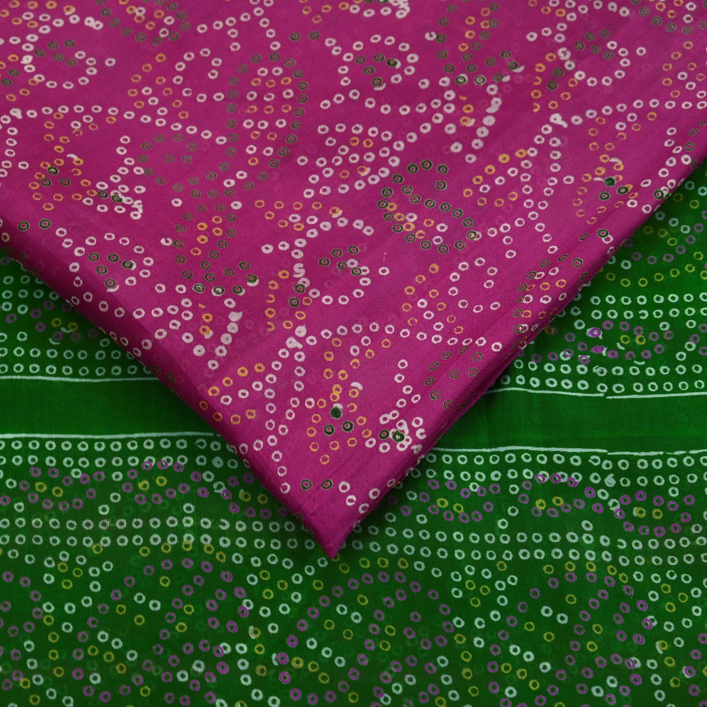 Indian Vintage Sari Pink & Green Pure Silk Bandhani Printed Sarees Fabric 6yd Floral Sewing Traditional Culture Sari Ethnic Fabric