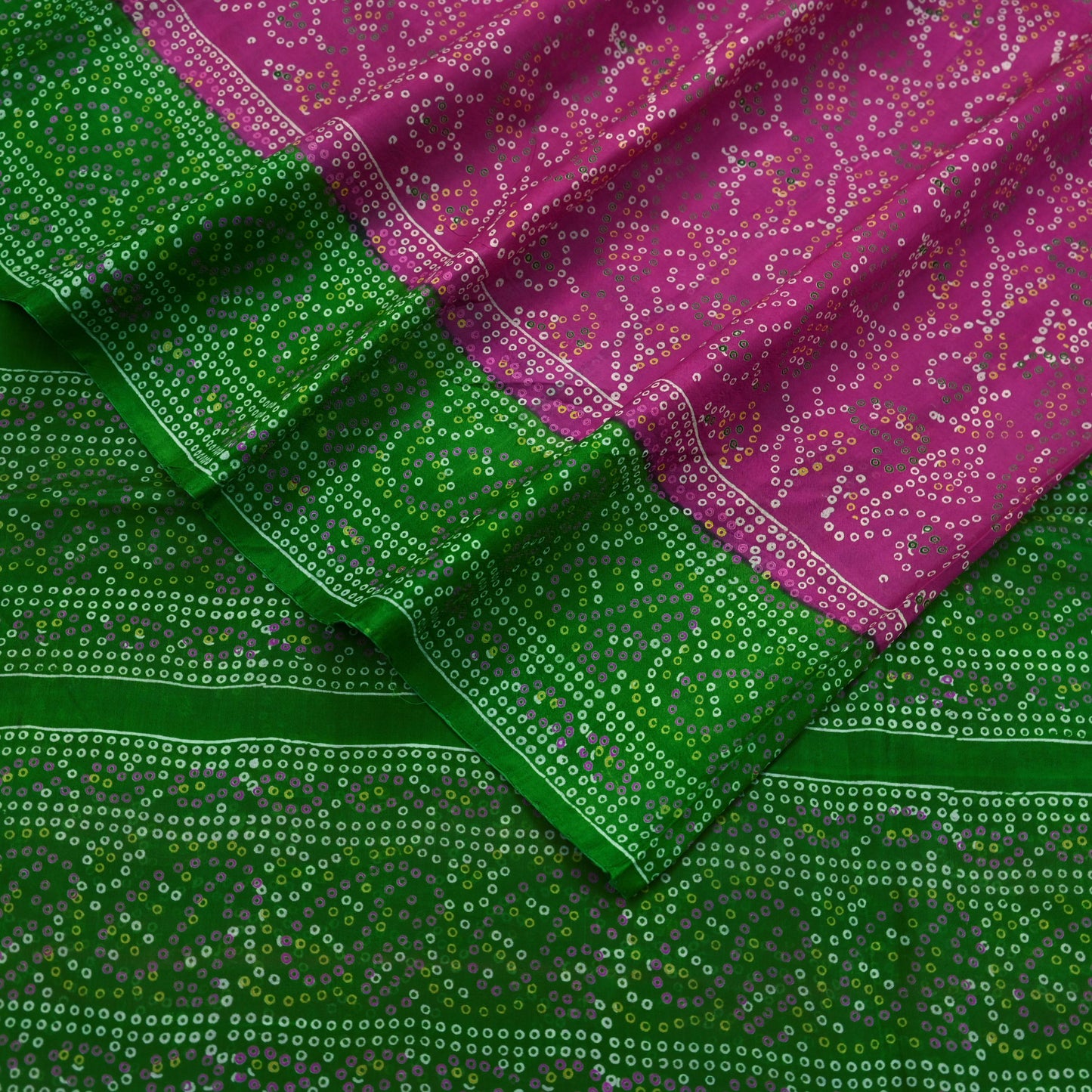 Indian Vintage Sari Pink & Green Pure Silk Bandhani Printed Sarees Fabric 6yd Floral Sewing Traditional Culture Sari Ethnic Fabric