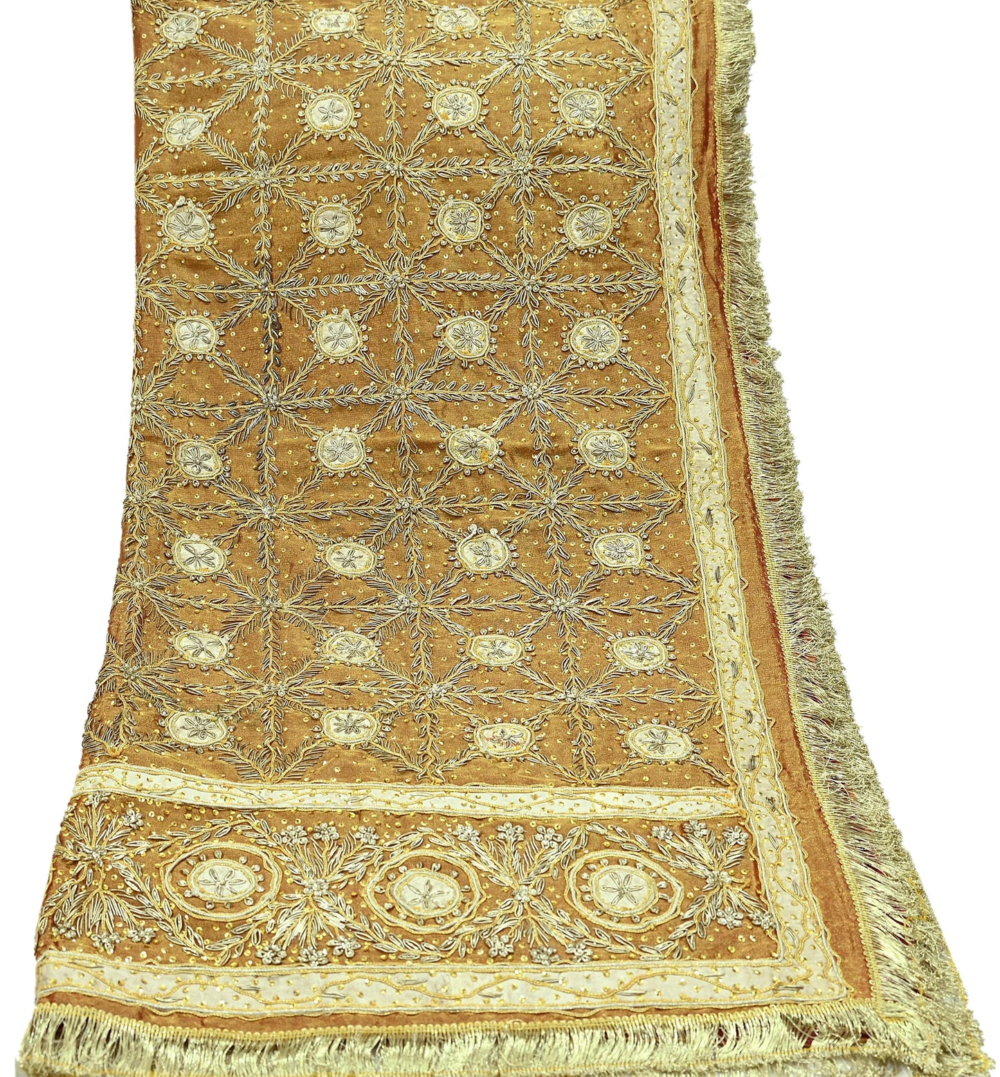 Indian Vintage Heavy Dupatta Golden Pure Tissue Silk Long Stole Hand Embroidered Scarves Zari Zardozi/Dabka Wedding/Bridal Wear