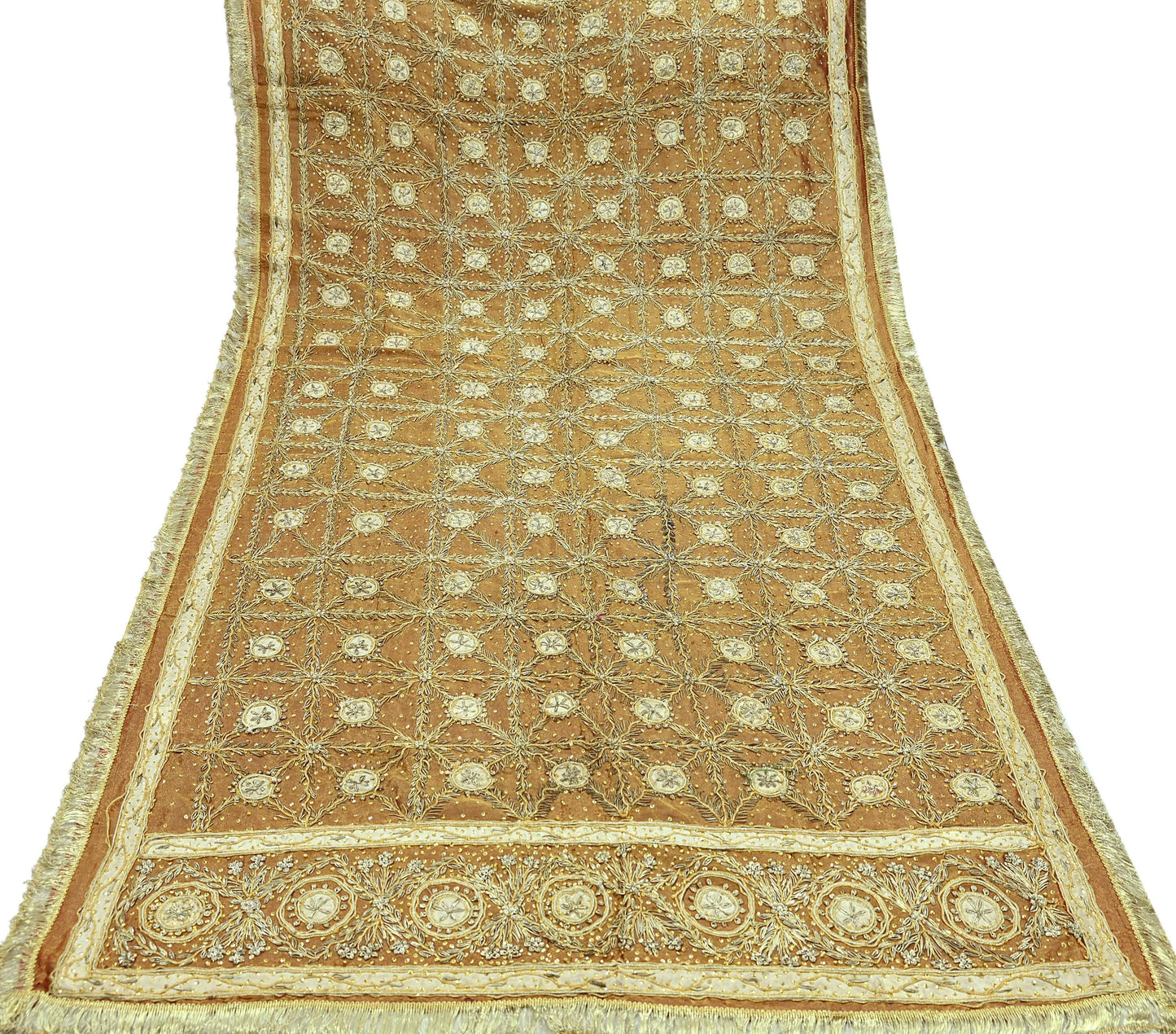 Indian Vintage Heavy Dupatta Golden Pure Tissue Silk Long Stole Hand Embroidered Scarves Zari Zardozi/Dabka Wedding/Bridal Wear