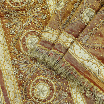 Indian Vintage Heavy Dupatta Golden Pure Tissue Silk Long Stole Hand Embroidered Scarves Zari Zardozi/Dabka Wedding/Bridal Wear