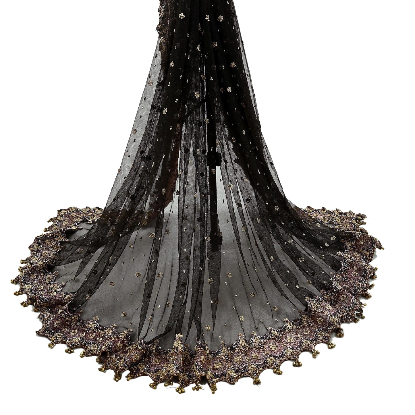 Indian Vintage Heavy Coffee Brown Dupatta Net Mesh Long Stole Hand Embroidered Scarves Golden Zardozi Dabka Zari Sequins