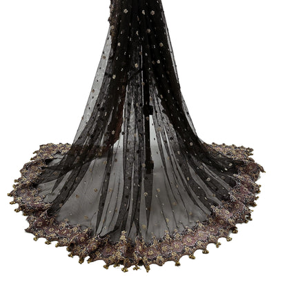 Indian Vintage Heavy Coffee Brown Dupatta Net Mesh Long Stole Hand Embroidered Scarves Golden Zardozi Dabka Zari Sequins